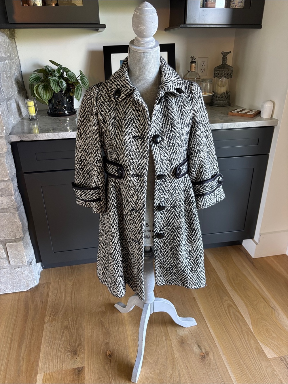 Beautiful Black & White Tweed Pea Coat with Button Trim
